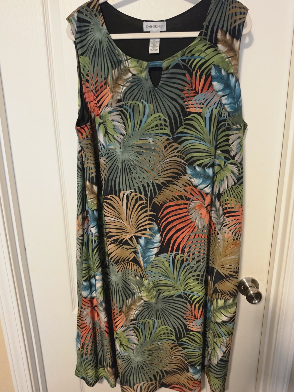 Catherines Tropical Palm Print Sleeveless Dress - Black with Green & Coral
